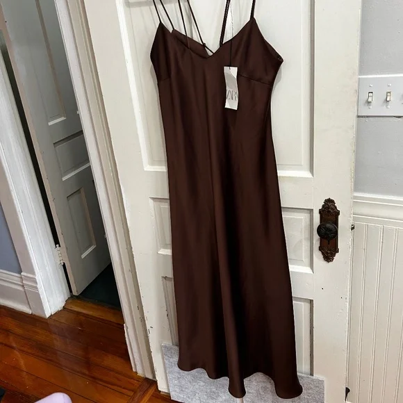 Zara | Dresses | Nwt Zara Chocolate Satin Dress With Spaghetti Straps |  Poshmark